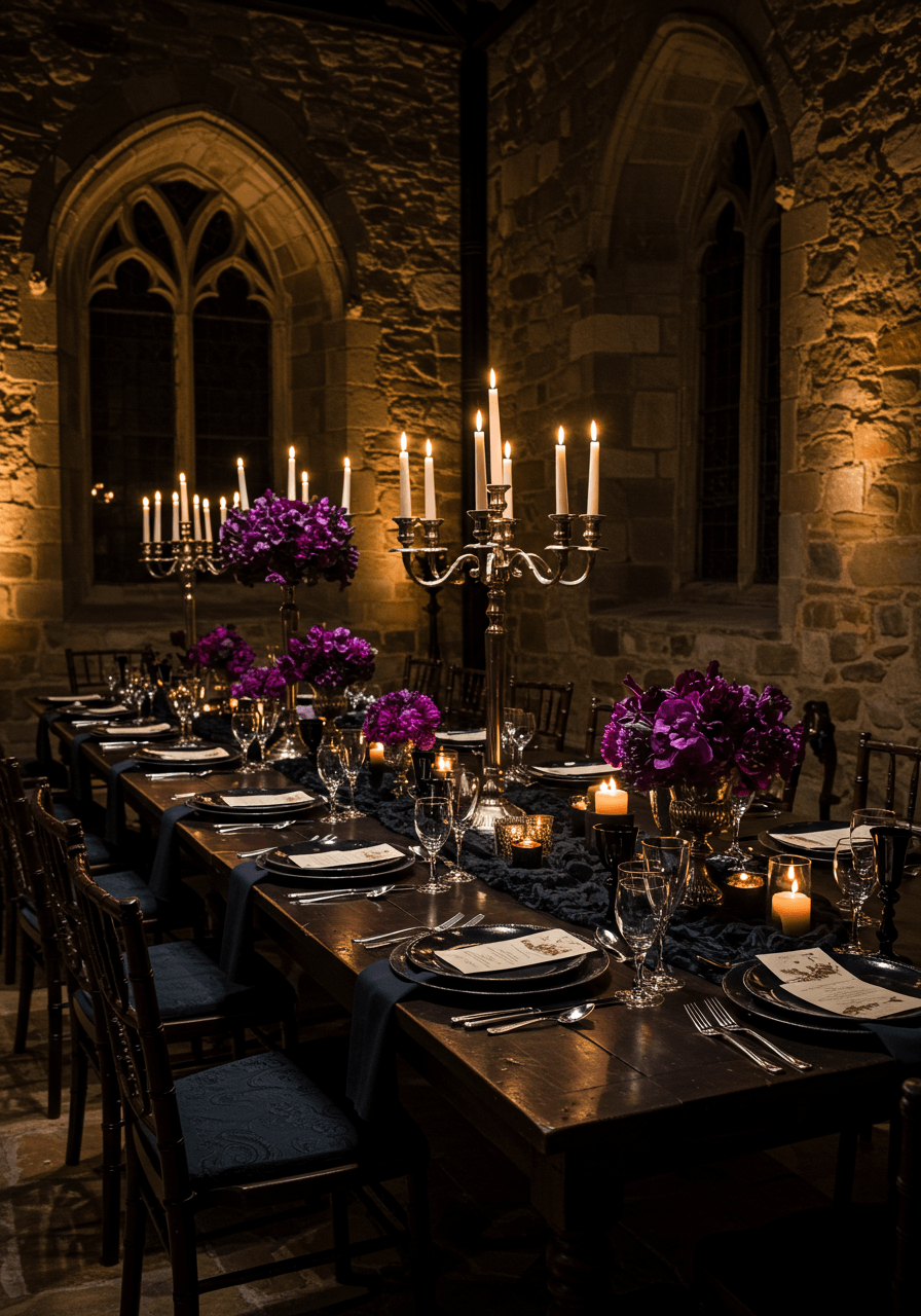 Long view of medieval manor dining table with black lace runners and ornate silver cutlery by candlelight