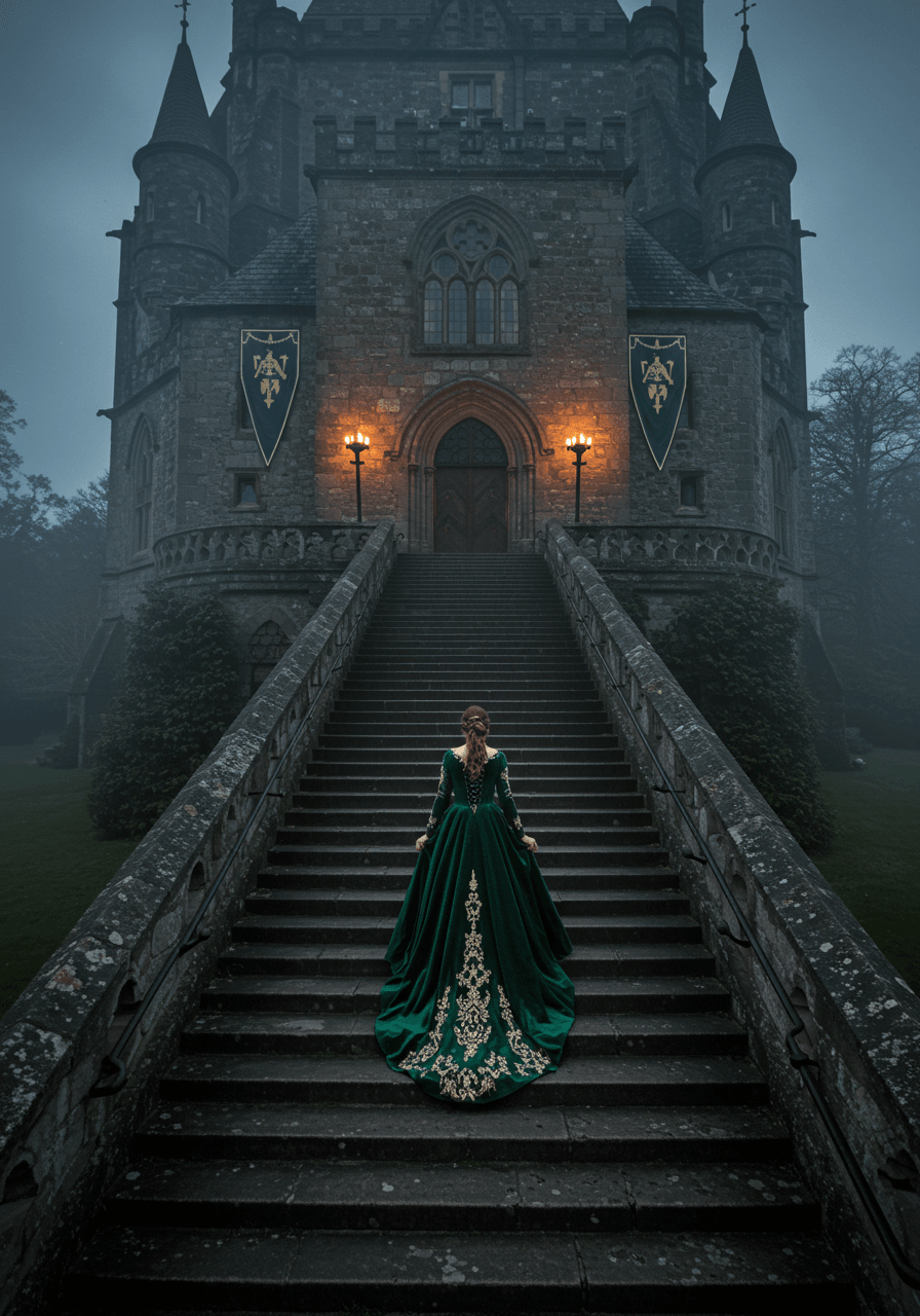 Wide view of bride ascending castle steps with massive stone entrance and medieval banners hanging from battlements