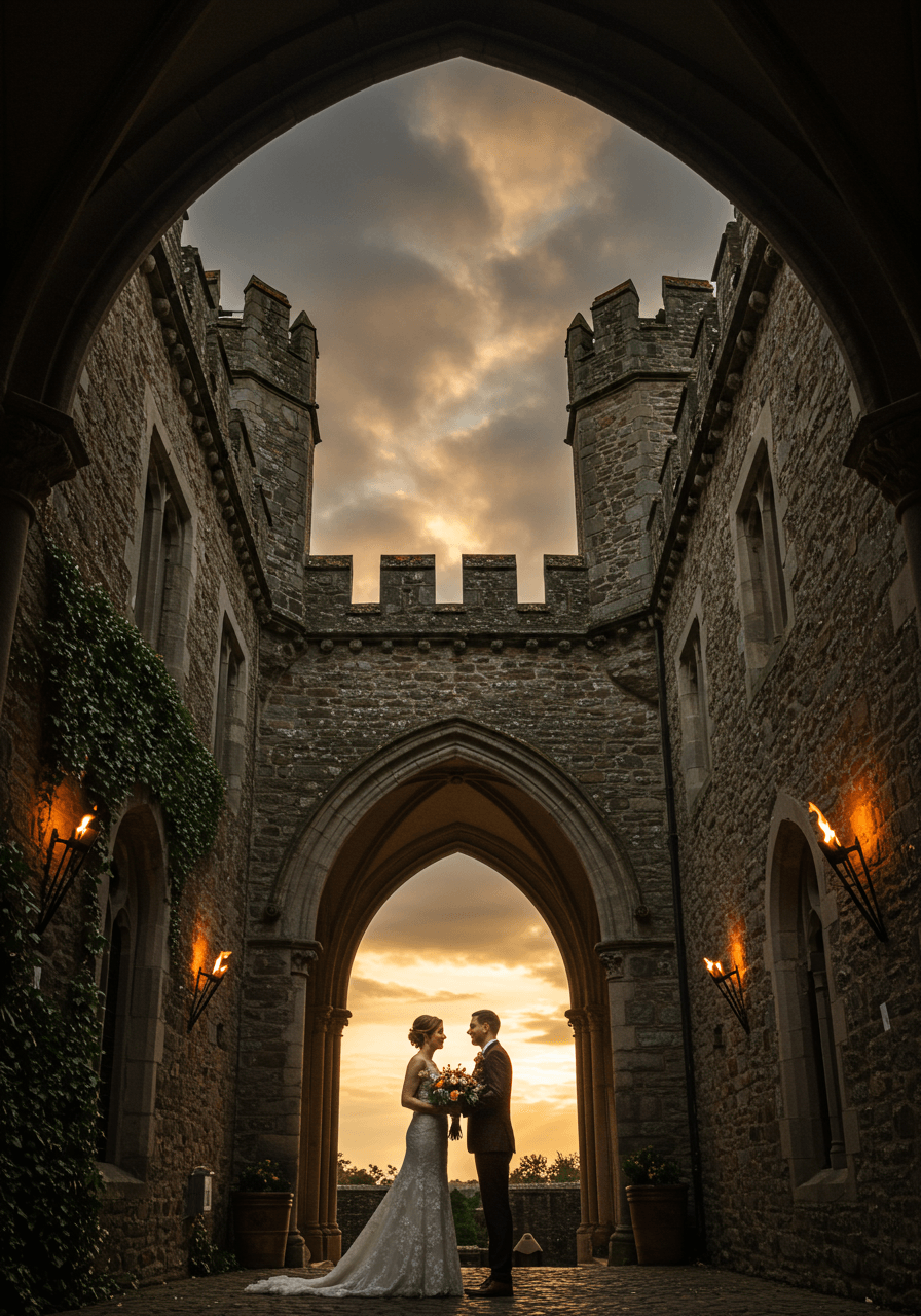 Close view of couple in castle courtyard ceremony with medieval stone archways and dramatic cloud formations