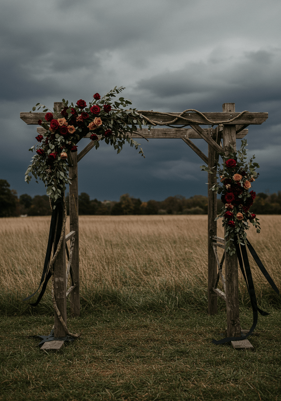 Rustic wooden ceremony arch with burgundy roses and black ribbon set against dramatic storm clouds in field
